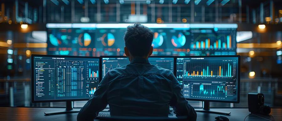 Image of a business person sitting at a row of computers managing operations and reviewing data, backlit.